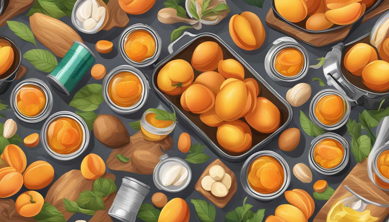 A colorful array of canned apricots surrounded by ingredients for sweet and savory recipes