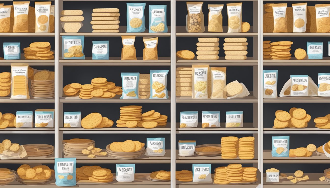 A pantry shelf filled with homemade crackers and crisps, each labeled with their nutritional information and health benefits