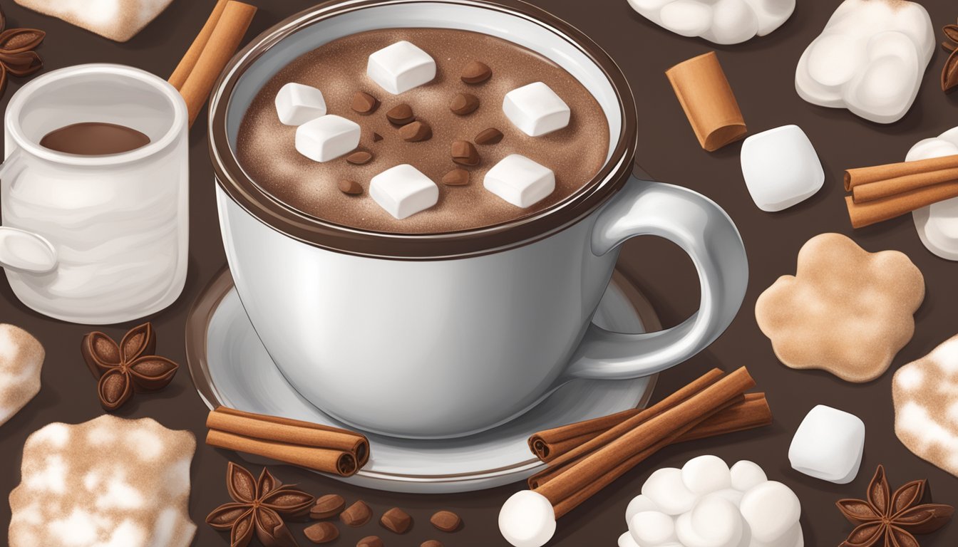 A cozy mug of hot chocolate surrounded by marshmallows, cinnamon sticks, and a dusting of cocoa powder