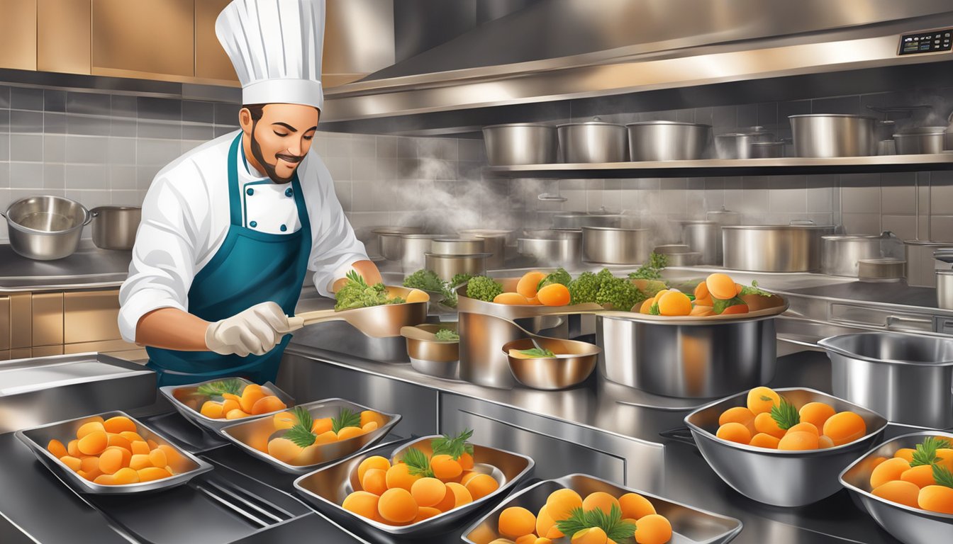 A chef mixing canned apricots with savory herbs and spices in a bustling kitchen