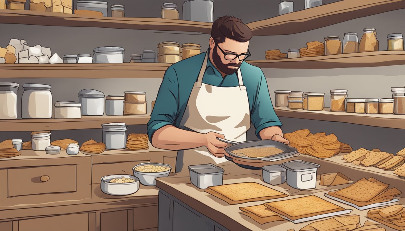 A cluttered pantry with spilled flour, open containers, and a frustrated cook inspecting burnt homemade crackers and crisps