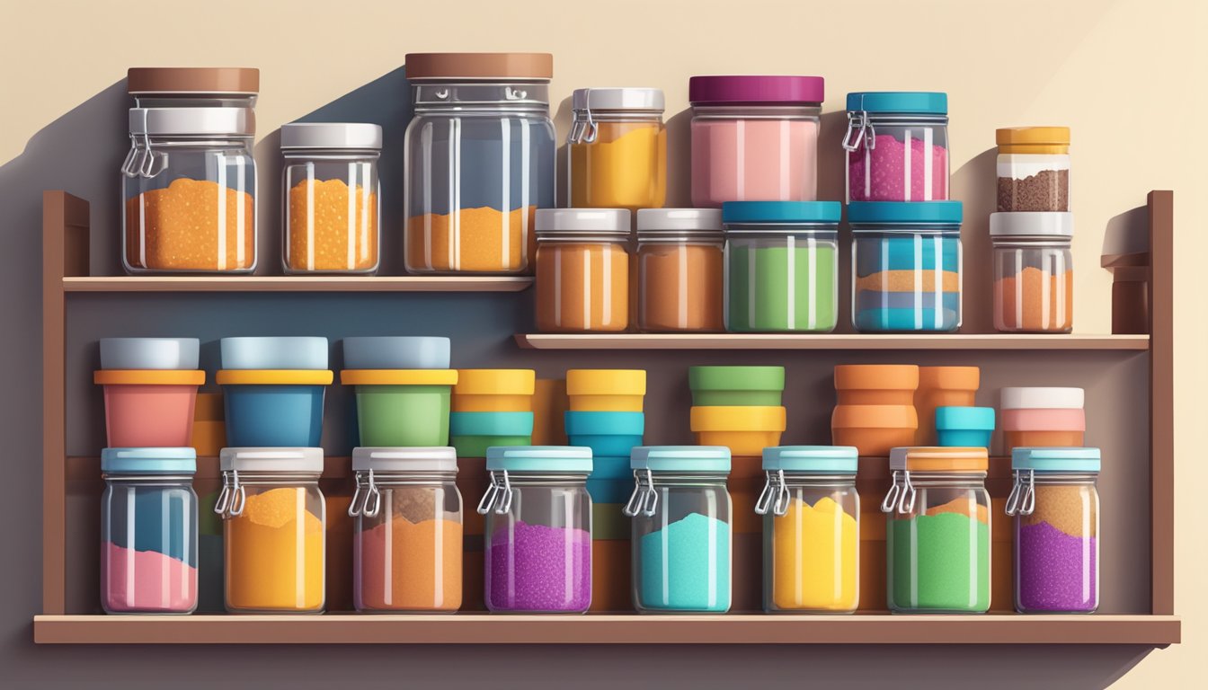 A pantry shelf with a variety of hot chocolate mix-ins in colorful packaging, surrounded by jars and containers for storage