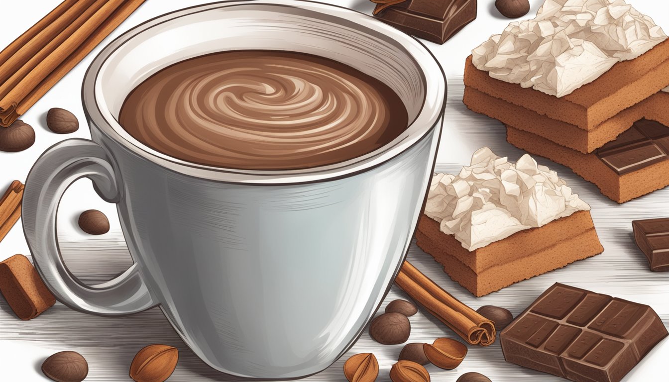 A steaming mug of hot chocolate mix-ins surrounded by various healthy and concerning ingredients like cocoa, cinnamon, and artificial sweeteners