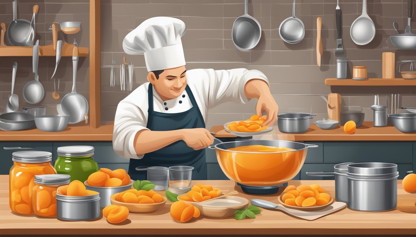 A chef mixing canned apricots into a sweet and savory sauce, surrounded by various cooking utensils and ingredients on a kitchen counter