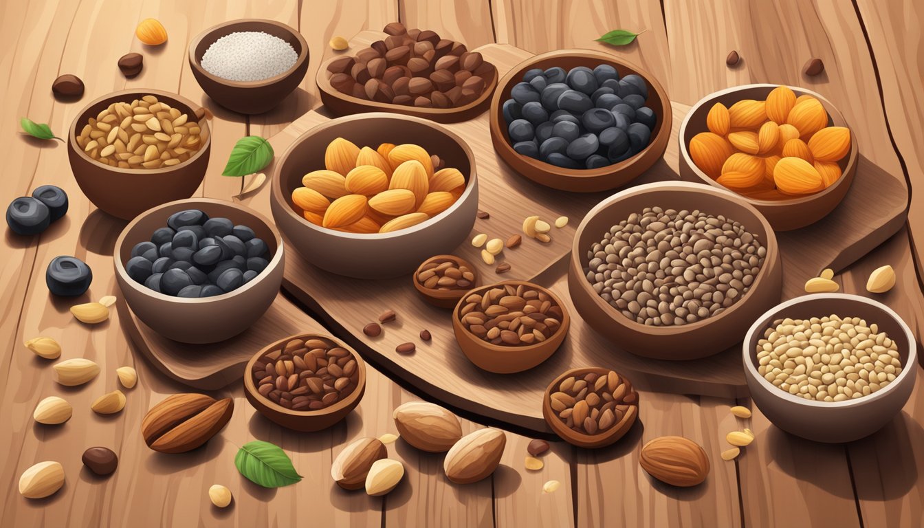 A variety of nuts, seeds, dried fruits, and chocolate chips scattered on a wooden cutting board. A small bowl of mixed ingredients sits nearby