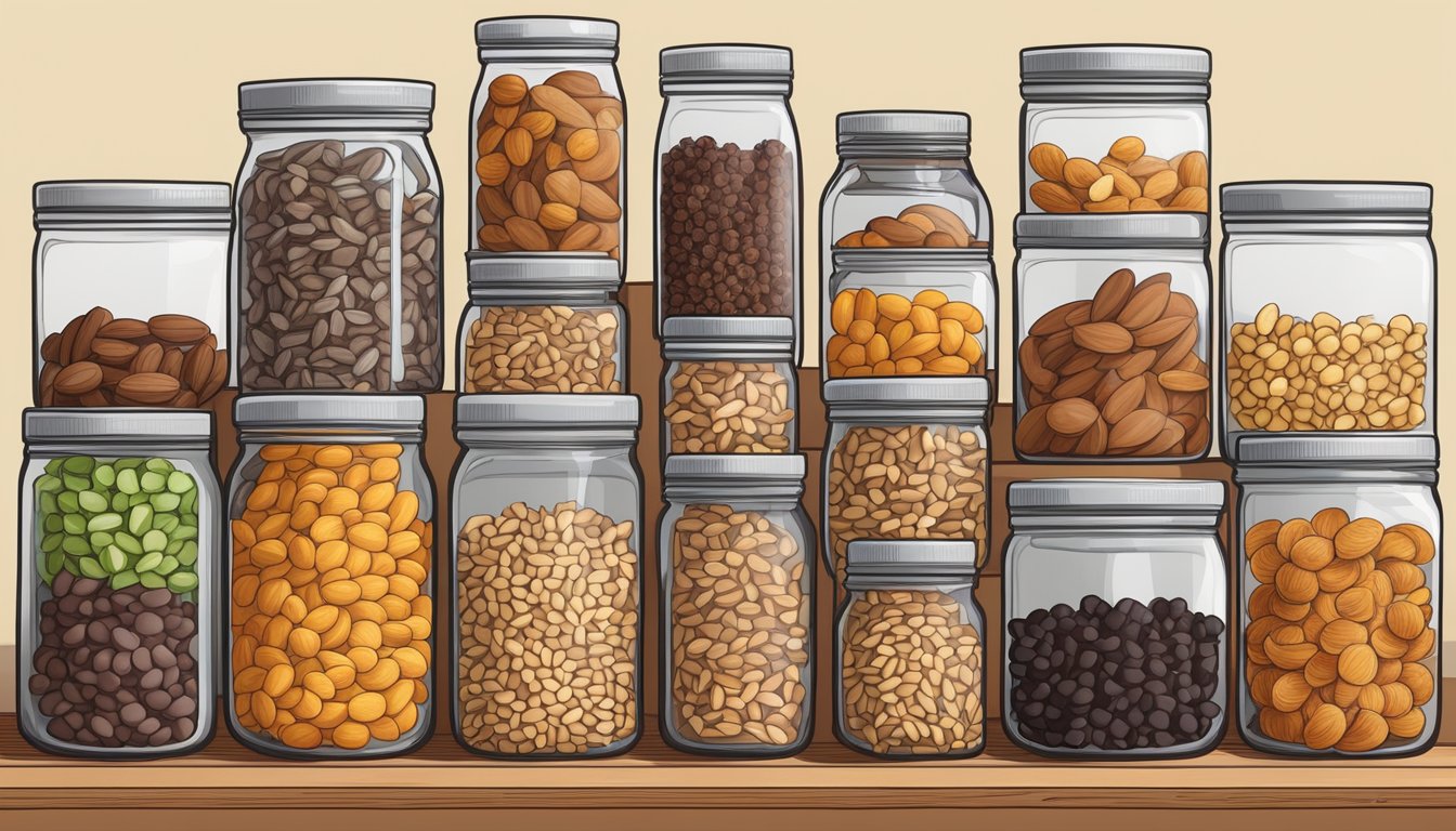 A variety of specialty trail mix ingredients arranged in a pantry, including nuts, dried fruit, chocolate chips, and seeds