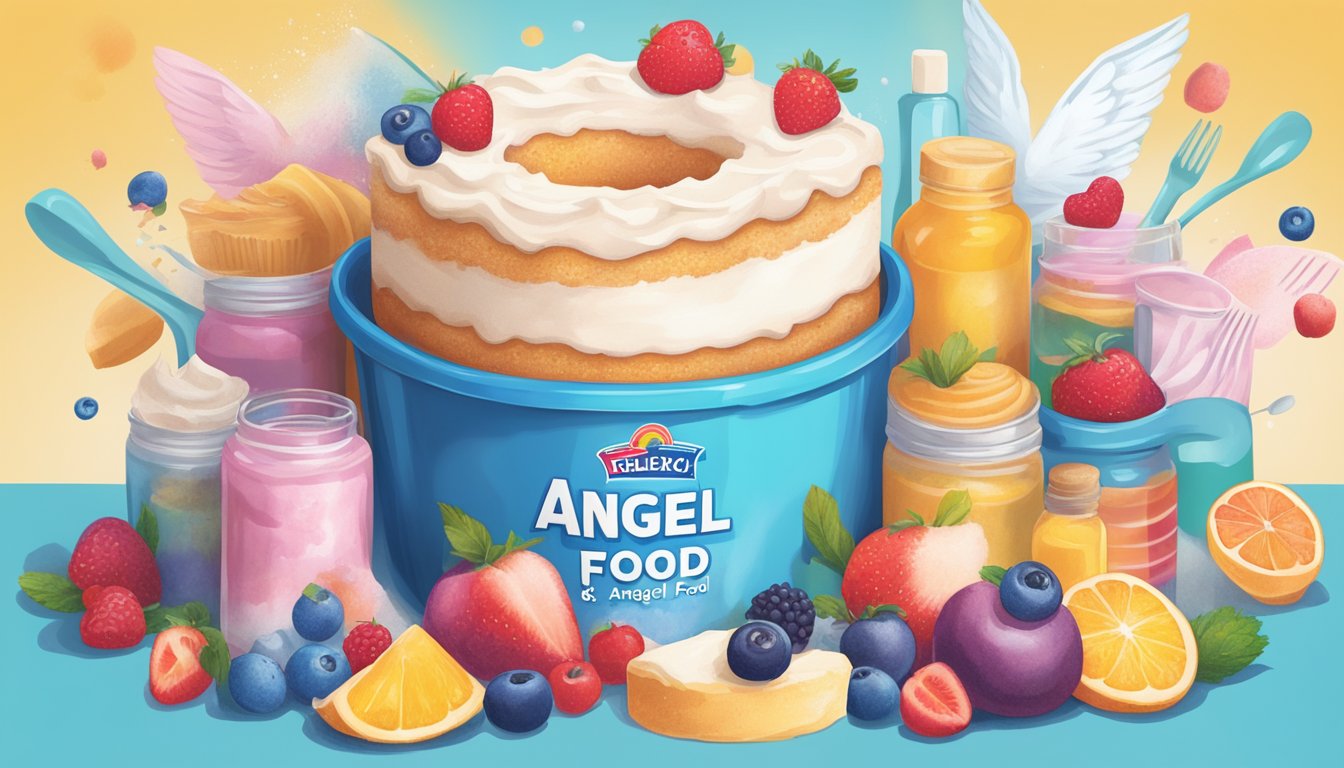 A box of angel food cake mix surrounded by various flavor extracts and ingredients, with a burst of vibrant colors and enticing aromas