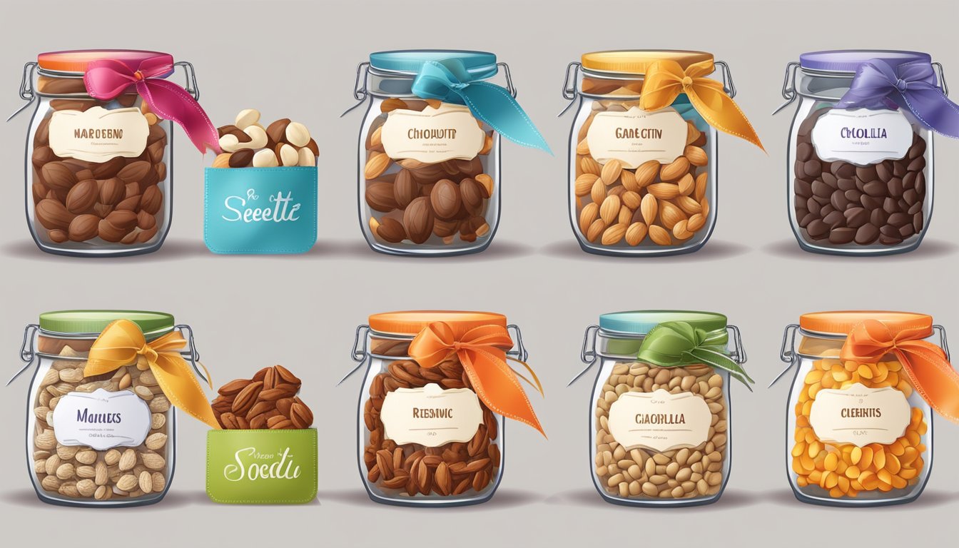 A variety of nuts, seeds, dried fruits, and chocolate chips arranged in glass jars and labeled with colorful tags