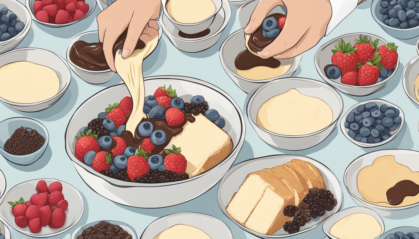 A hand pouring vanilla extract into a mixing bowl of angel food cake batter, surrounded by bowls of fresh berries and chocolate chips