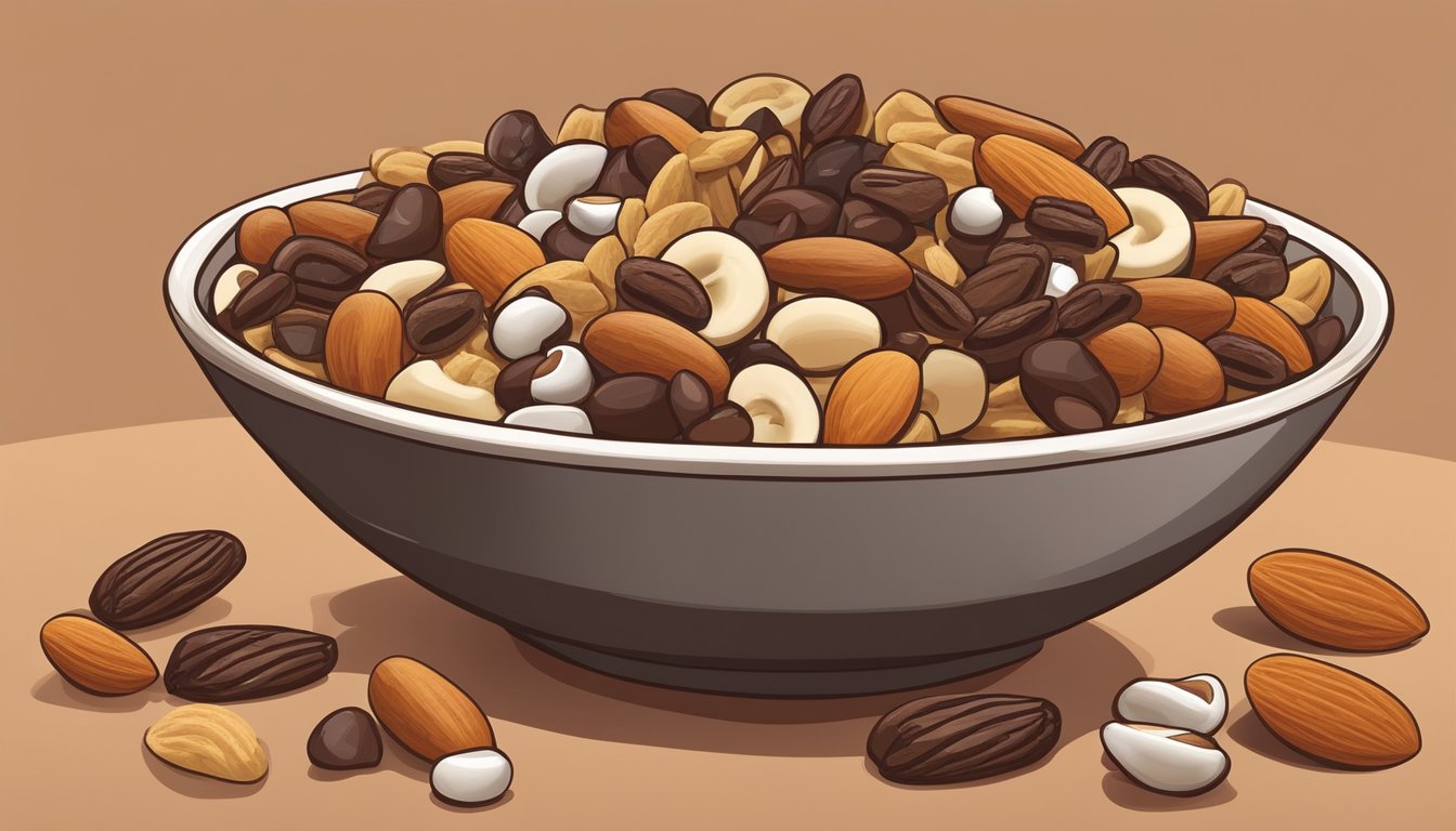 A bowl of trail mix sits next to a variety of pantry staples, including nuts, dried fruit, and chocolate chips, ready to be combined into new snack combinations