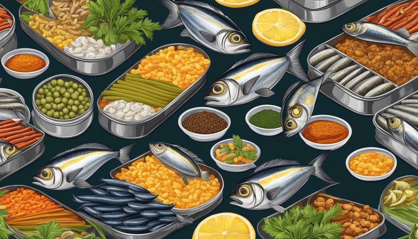 A colorful array of canned sardines, surrounded by vibrant ingredients and exotic spices, ready to be transformed into sensational sardine sides and snacks