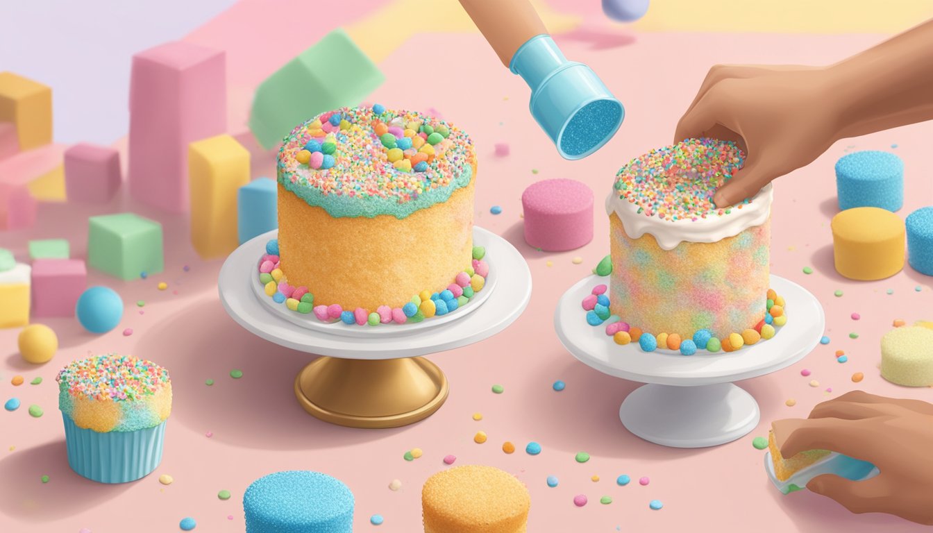 A hand pouring colorful sprinkles and frosting onto a boxed angel food cake