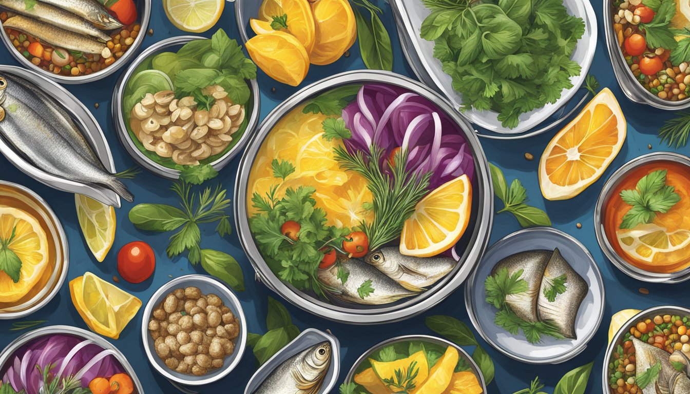 A colorful array of garnishes and accents adorn elevated canned sardine dishes, adding a touch of adventure to the culinary scene