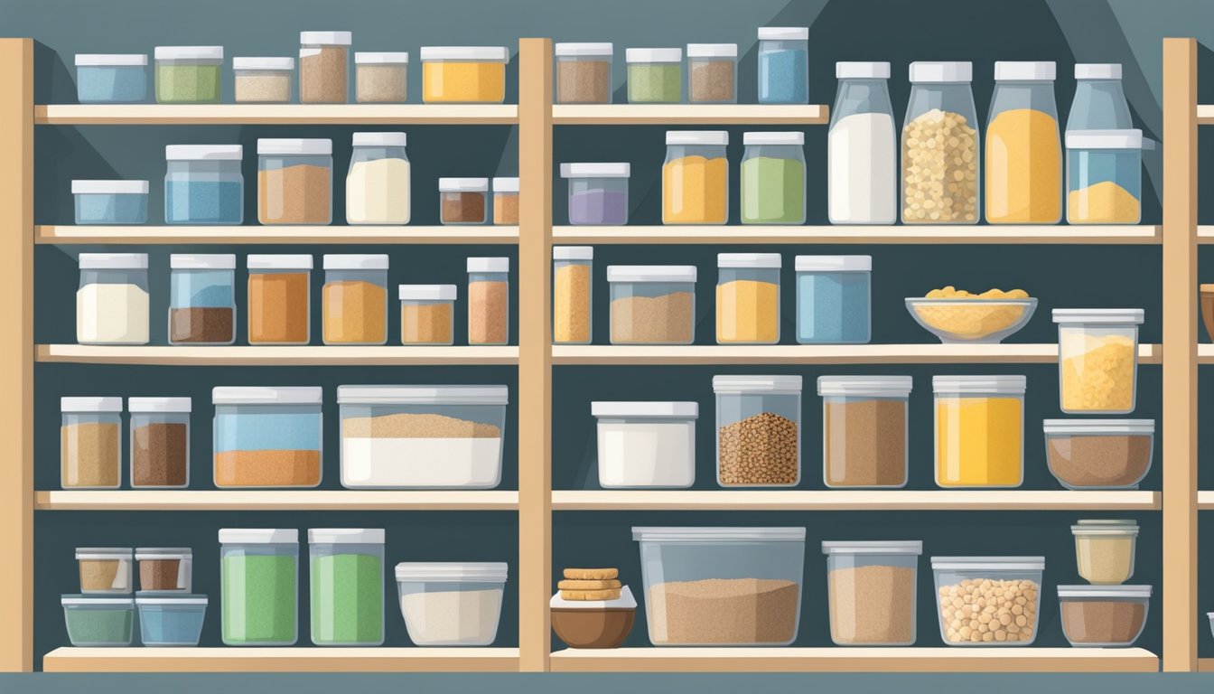 A well-stocked pantry with shelf-stable baking essentials neatly organized on sturdy shelves, including flour, sugar, baking powder, and various other dry ingredients in labeled containers