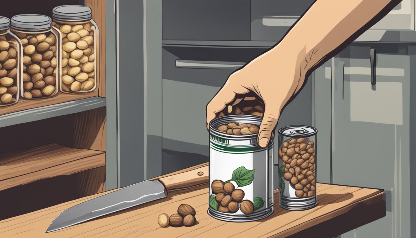 A hand reaching for a can of water chestnuts on a pantry shelf, with a cutting board and knife nearby for preparation