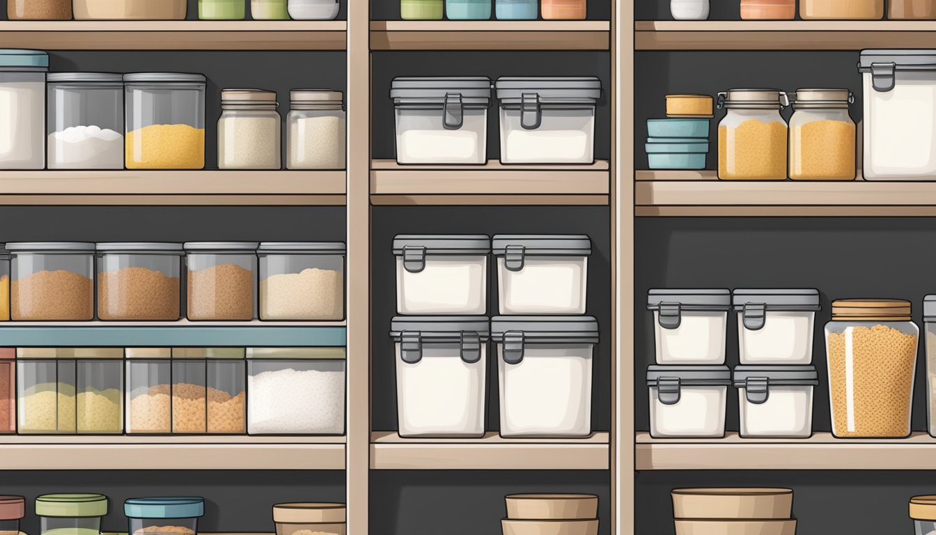 An open pantry with neatly organized shelves of boxed angel food cake mix and labeled storage containers