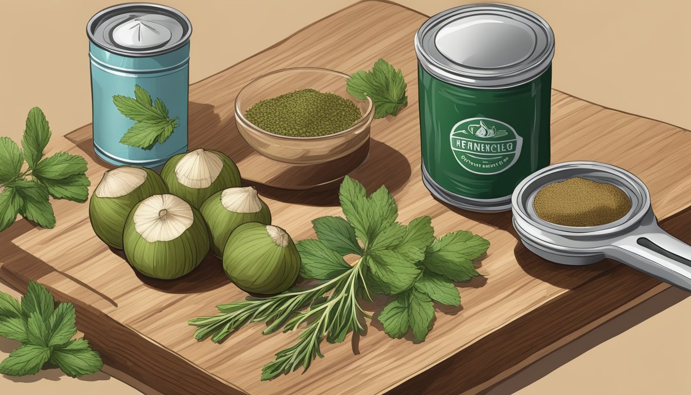 Water chestnuts, herbs, and spices arranged on a cutting board with a can opener and seasoning shakers nearby