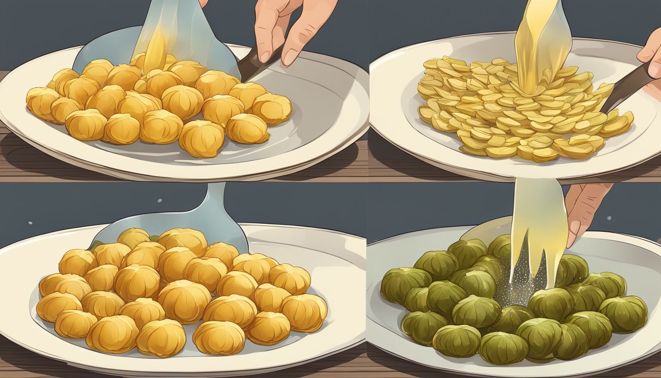 Water chestnuts being sliced and coated in batter, then fried in sizzling oil until golden and crispy