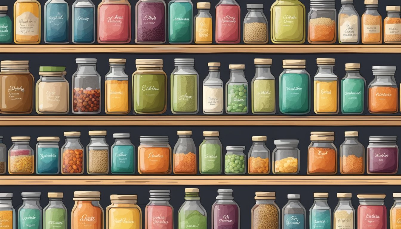 A shelf with rows of colorful jars and bottles filled with various flavor enhancers and spice substitutes, neatly organized and labeled for baking