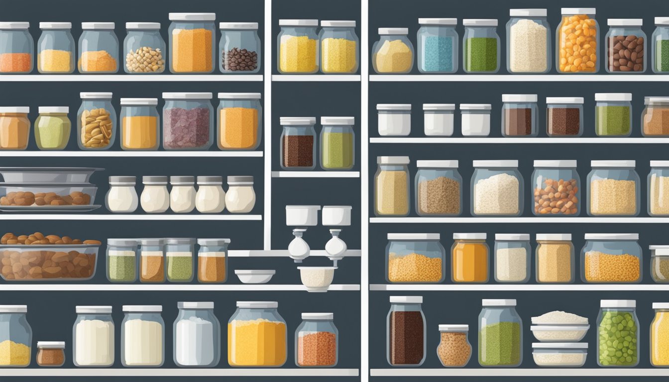 A well-stocked pantry with rows of labeled jars and containers filled with various specialty ingredients and their equivalent shelf-stable substitutions for baking