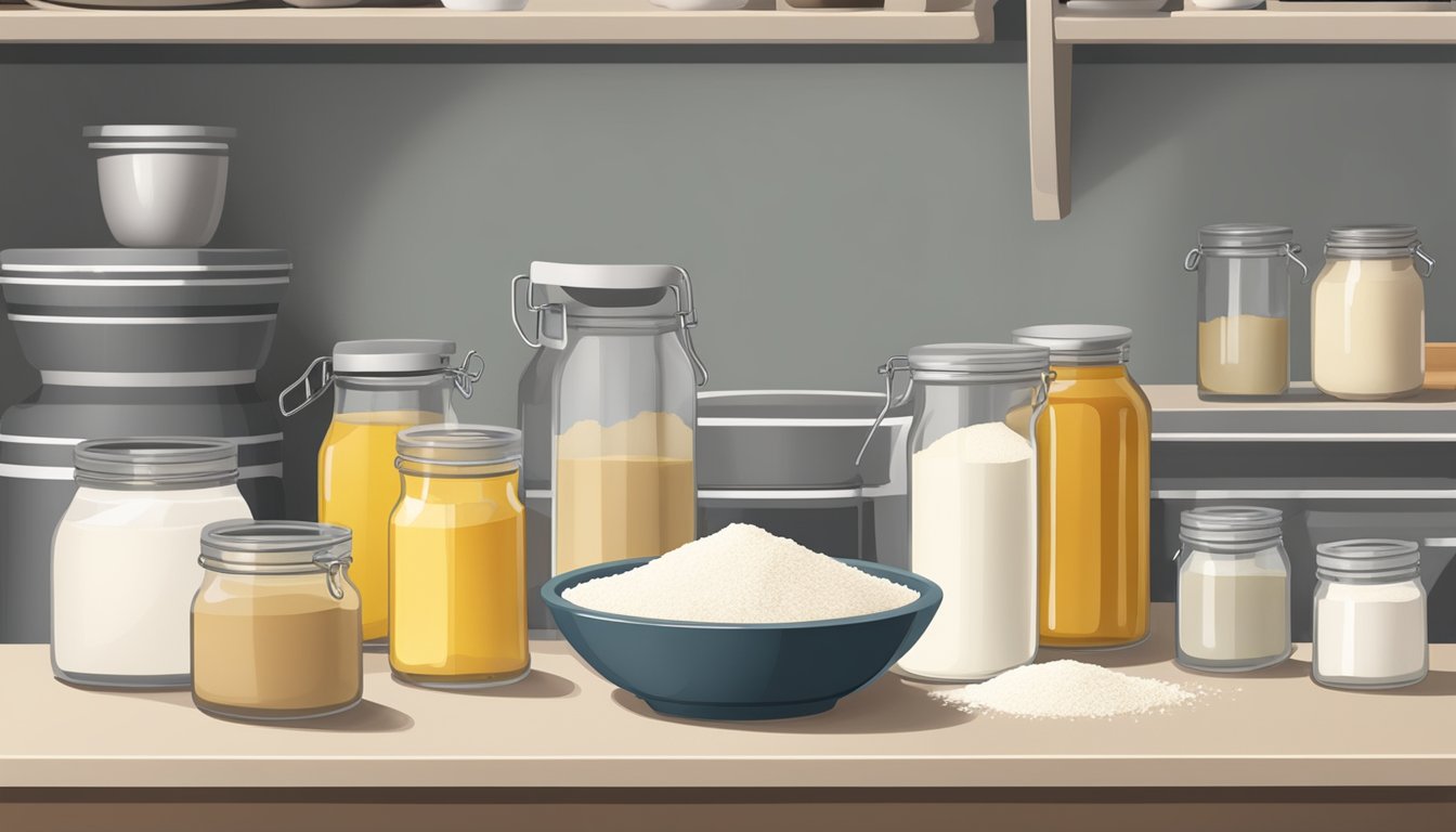 A kitchen counter with bowls of flour, sugar, and oil, surrounded by jars of shelf-stable ingredient substitutes like applesauce and coconut milk