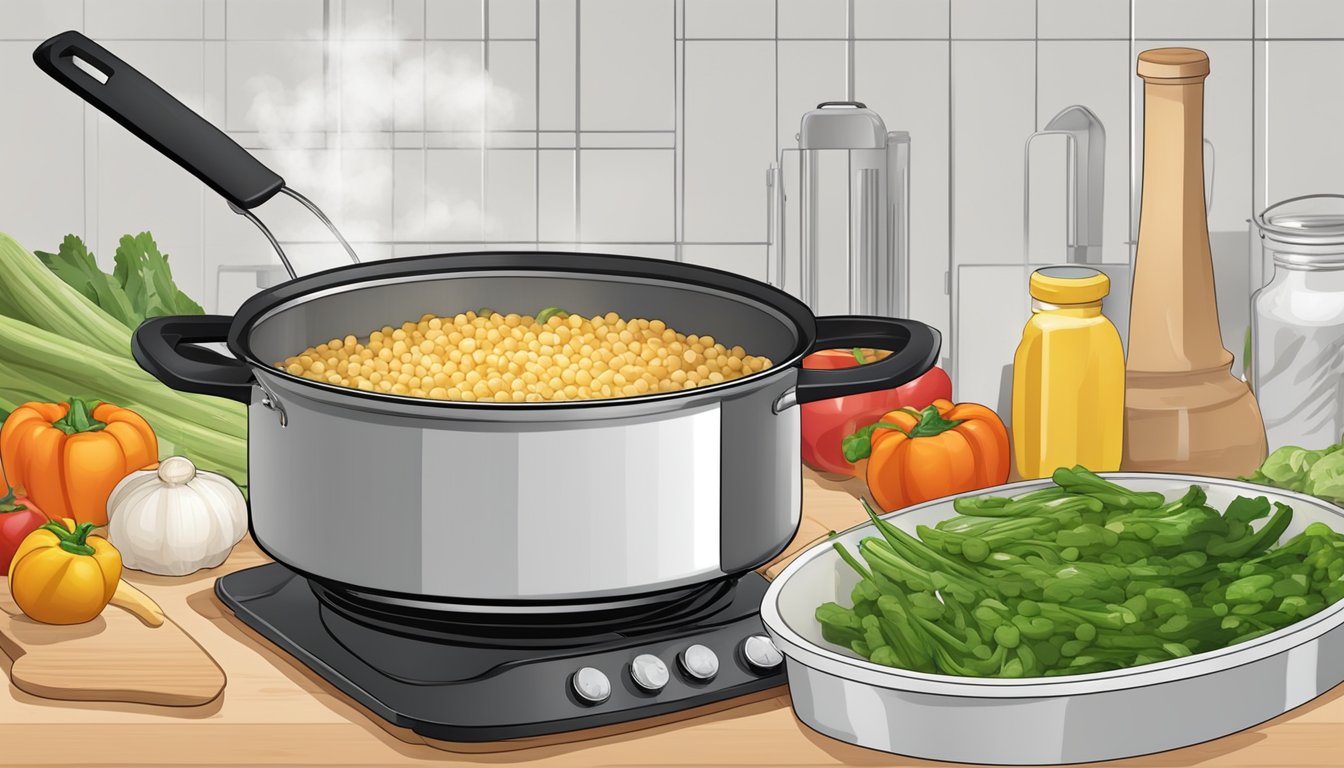 A colorful array of fresh vegetables, a box of instant risotto mix, and a steaming pot on a stove