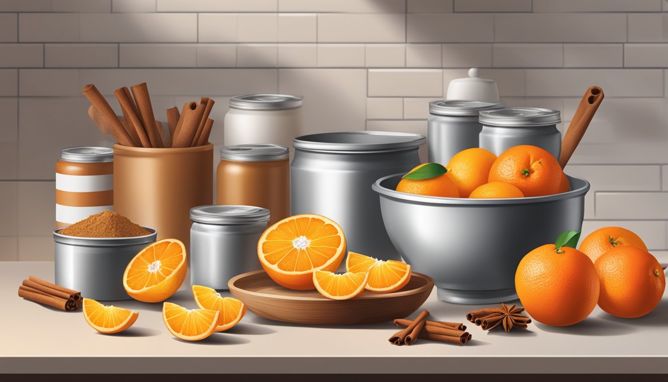 A kitchen counter with open cans of mandarin oranges, surrounded by ingredients like sugar, cinnamon, and a mixing bowl