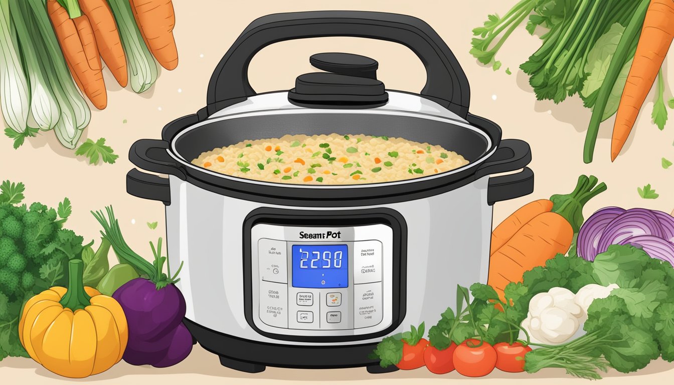 A steaming Instant Pot filled with creamy risotto, surrounded by colorful vegetables and herbs