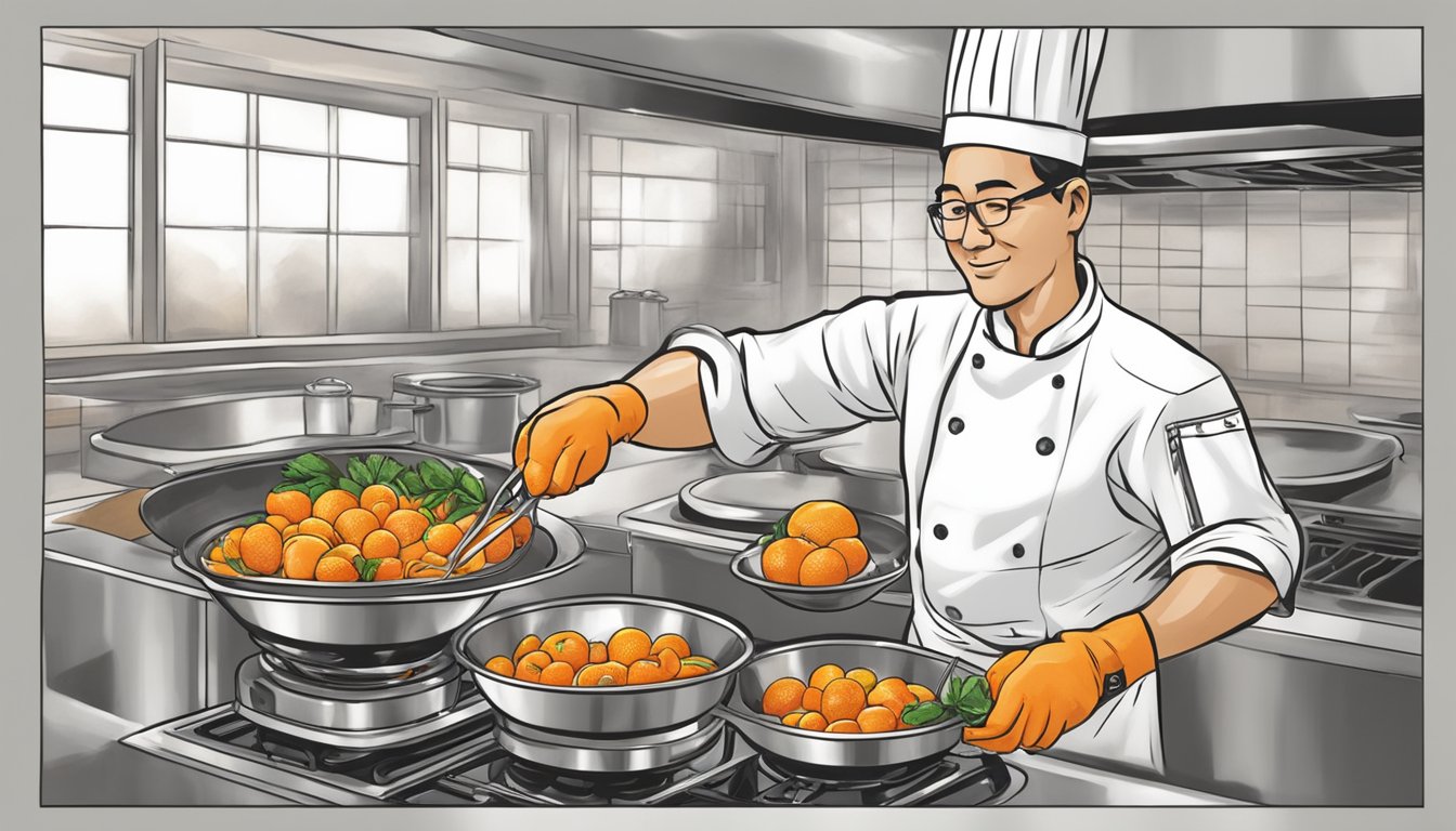 A chef mixing canned mandarin oranges into a savory sauce for a stir-fry dish