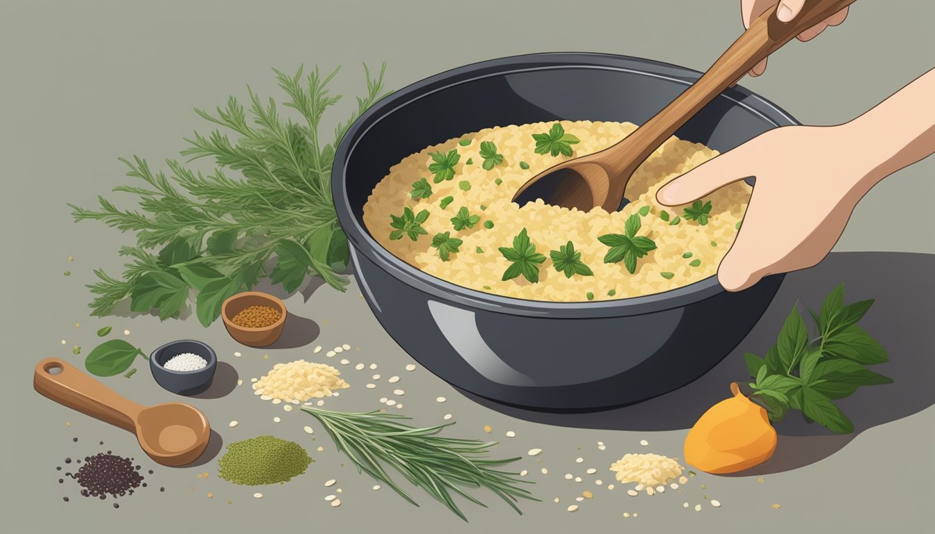 A hand pouring various herbs and spices into a bowl of instant risotto mix, with a pot and spoon nearby