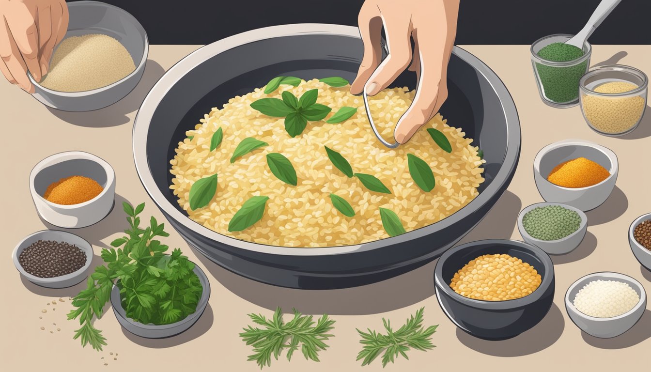 A hand pouring various herbs and spices into a bowl of instant risotto mix, with packets of flavor enhancements scattered around