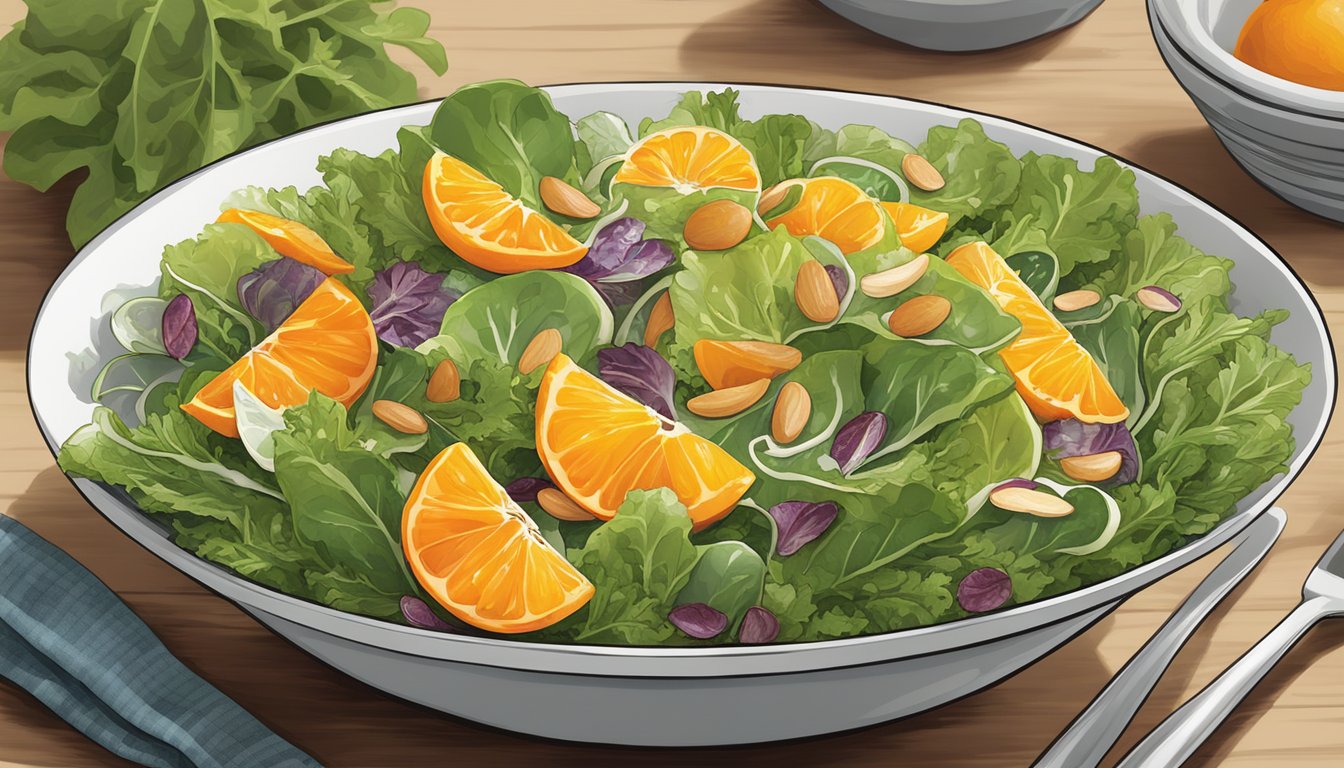 A colorful bowl of mixed greens, topped with vibrant mandarin orange slices, sliced almonds, and a light vinaigrette dressing