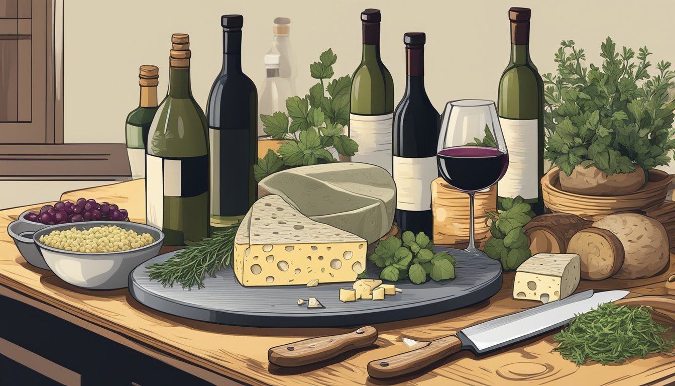 A table set with various wine bottles, cheese, and herbs next to a pot of cooking risotto mix with a chef's knife and cutting board