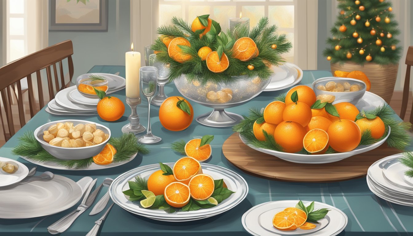 A festive table setting with a variety of dishes featuring canned mandarin oranges, surrounded by seasonal decorations and holiday accents