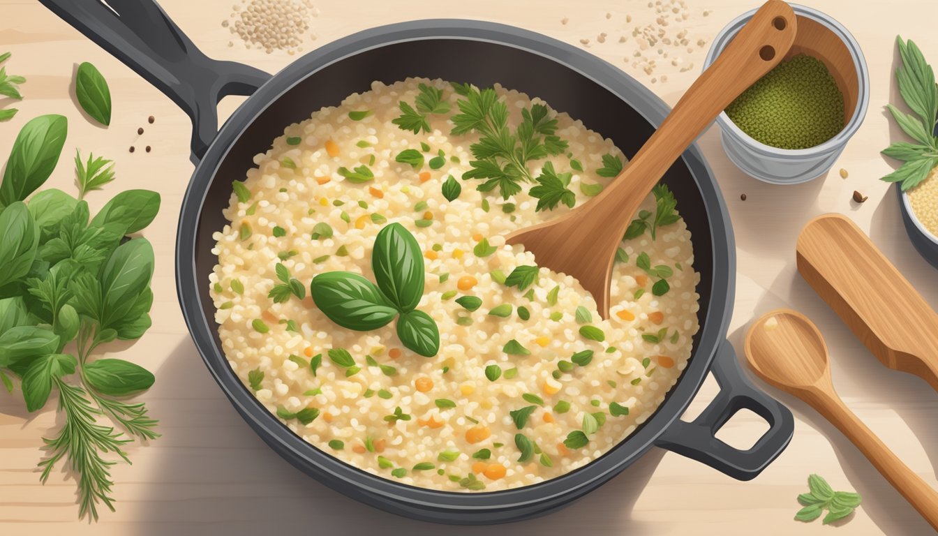 A wooden spoon stirring instant risotto mix in a bubbling pot on a stovetop. Various herbs and spices scattered around the kitchen counter