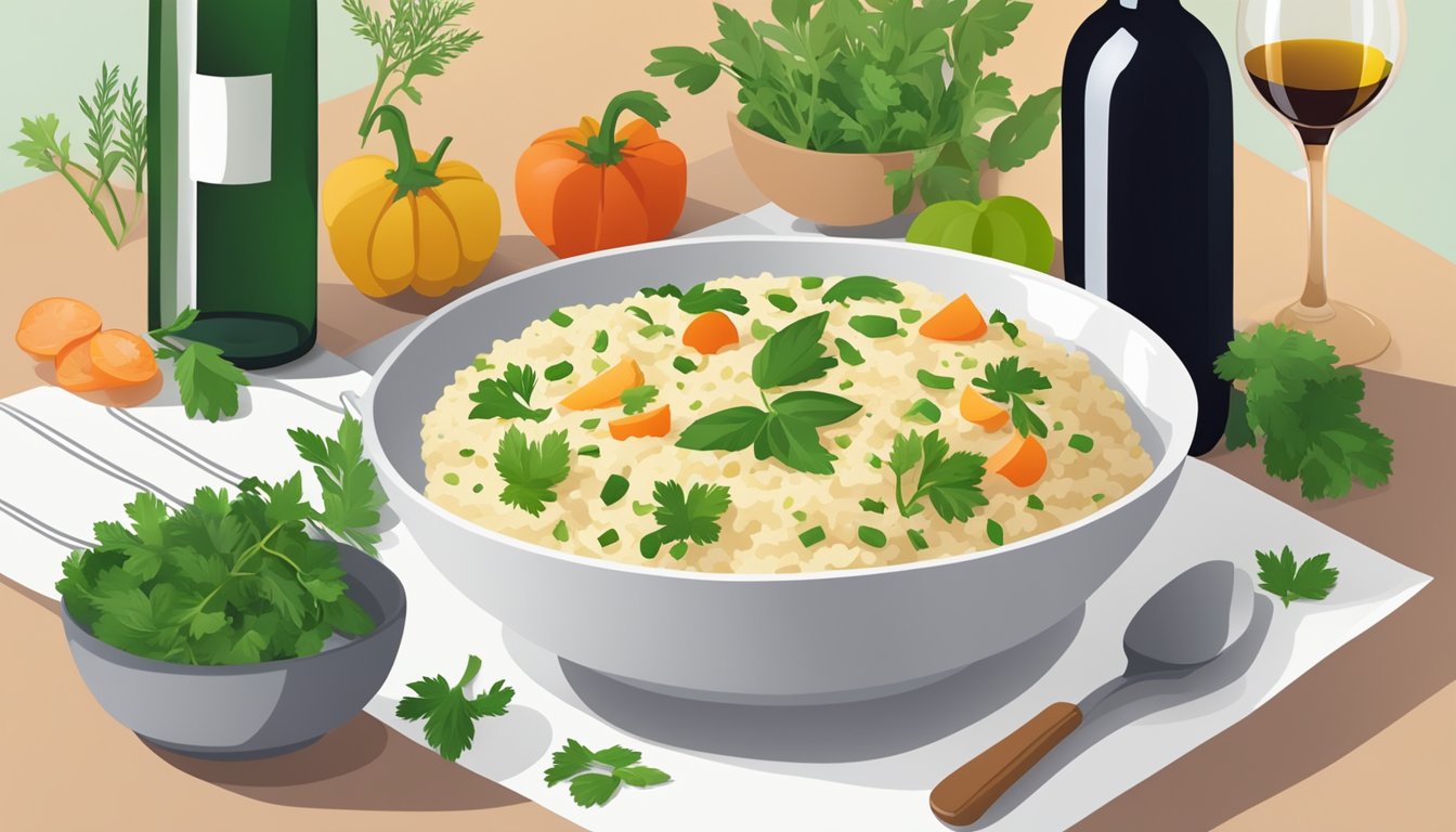 A table set with a bowl of savory instant risotto, surrounded by fresh herbs, vegetables, and a bottle of wine