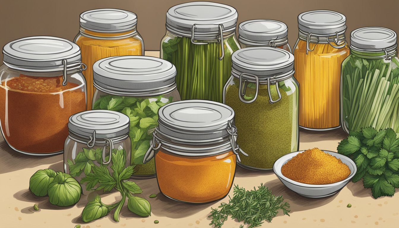 A variety of herbs, spices, and vegetables are arranged neatly on a kitchen counter next to jars of homemade pasta sauce. A cookbook is open to a page featuring different flavor enhancers and variations for the recipes