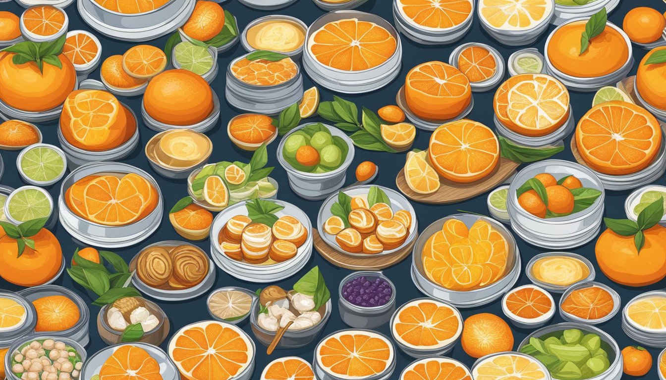 A colorful array of canned mandarin oranges arranged in various dishes, including desserts and savory dishes, with decorative garnishes and serving suggestions