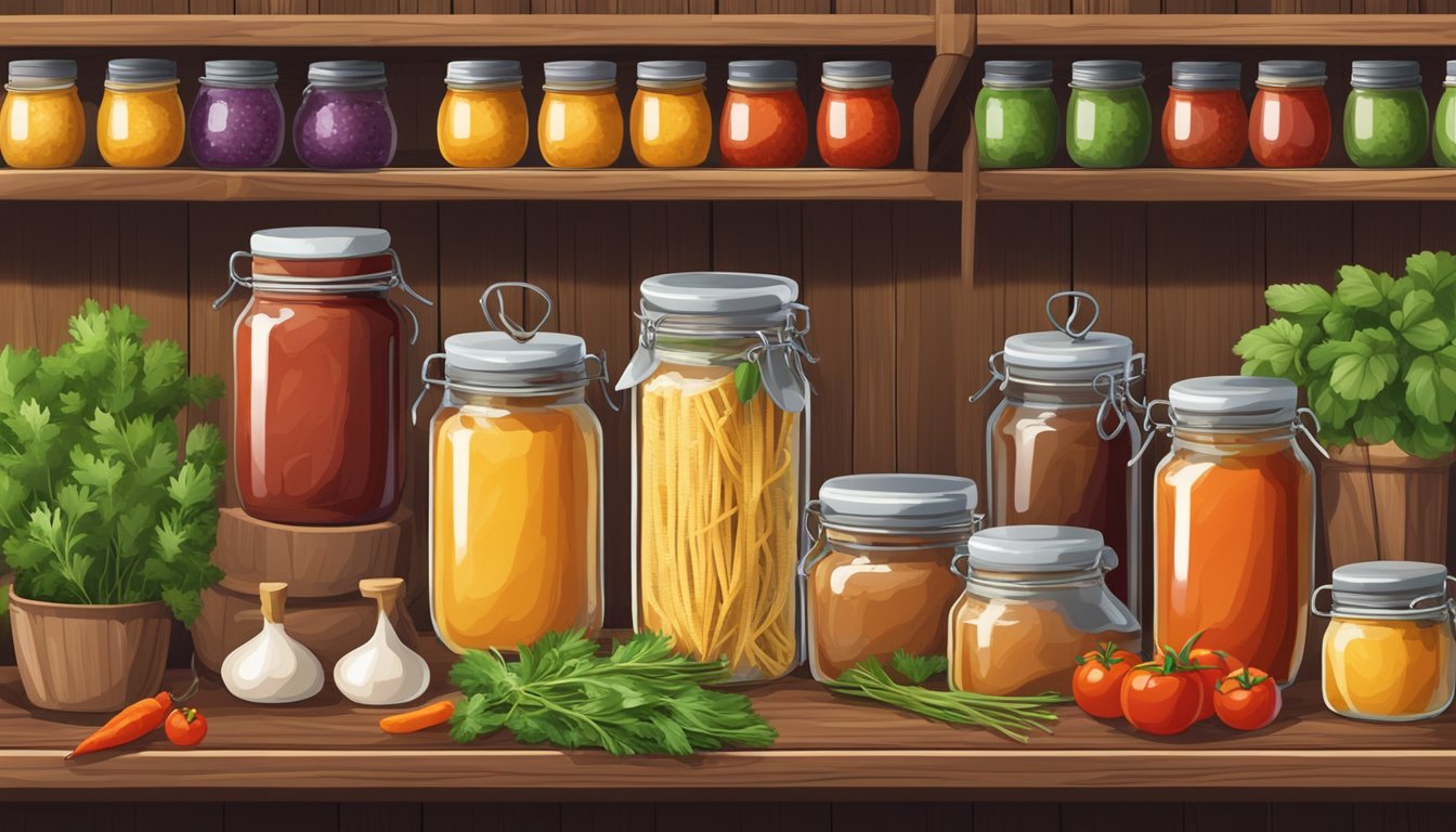 A rustic kitchen with jars of homemade pasta sauce lined up on a wooden shelf, surrounded by fresh herbs and colorful vegetables