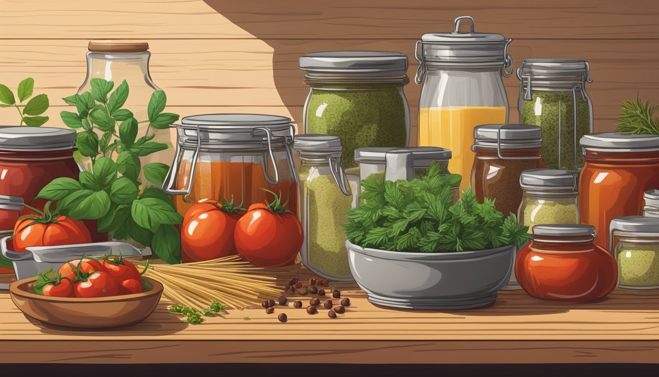 A rustic kitchen with fresh herbs, ripe tomatoes, and various spices laid out on a wooden countertop, alongside jars of homemade pasta sauce