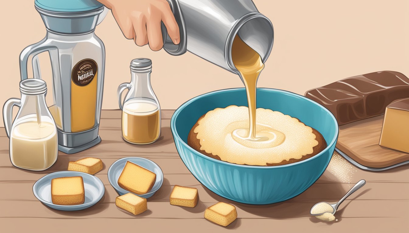 A hand pouring vanilla extract into a mixing bowl of boxed pound cake mix