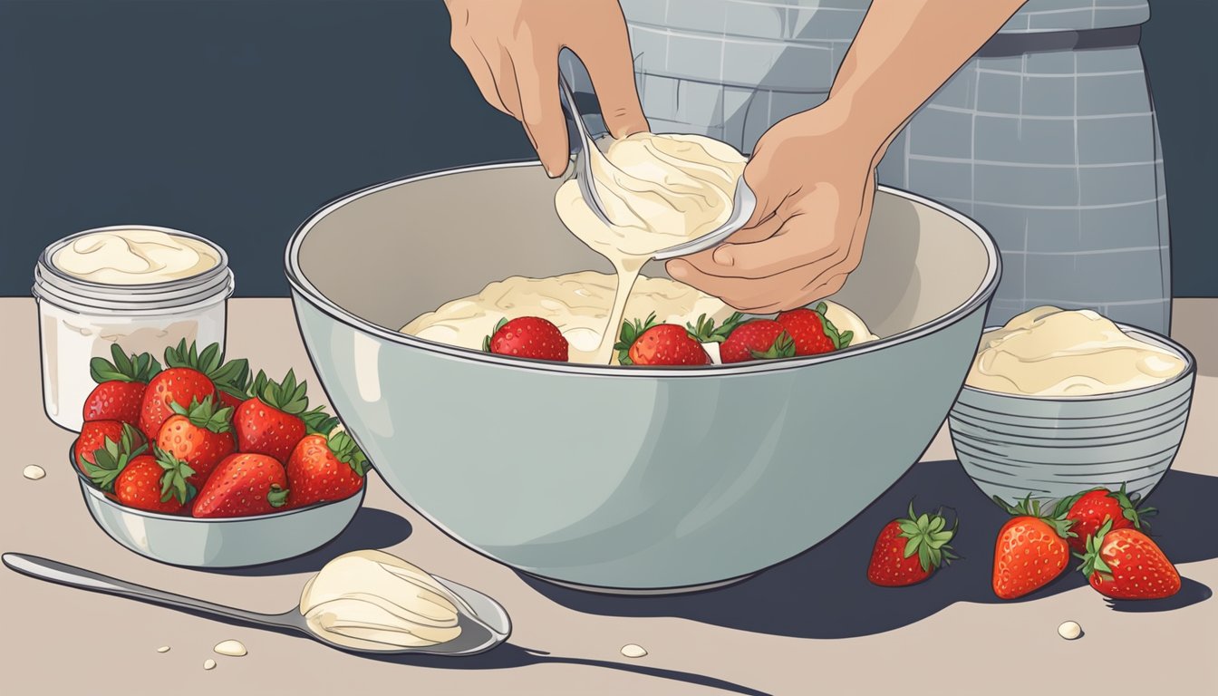 A hand pouring creamy batter into a mixing bowl, surrounded by fresh eggs, vanilla beans, and a bowl of ripe strawberries