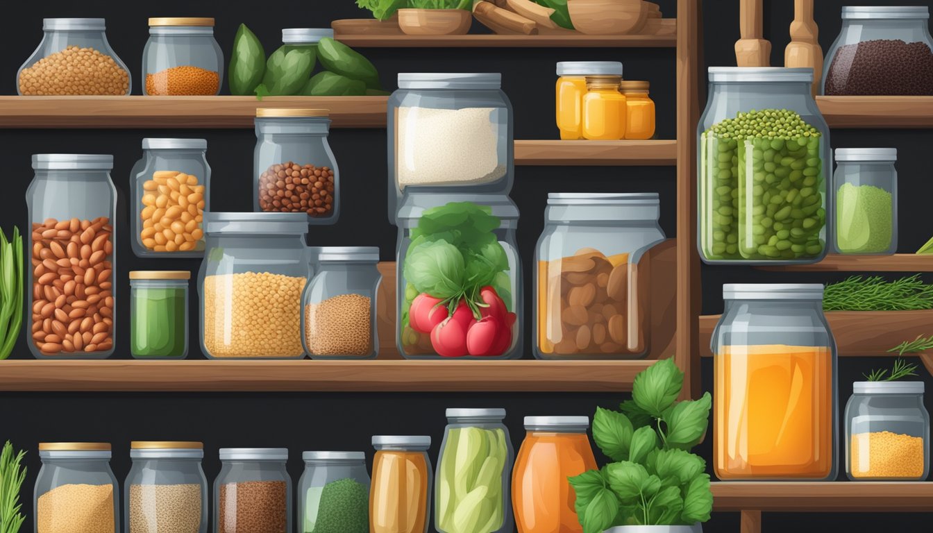 A well-stocked pantry with cans of beans, jars of spices, and bags of grains, surrounded by fresh vegetables and herbs