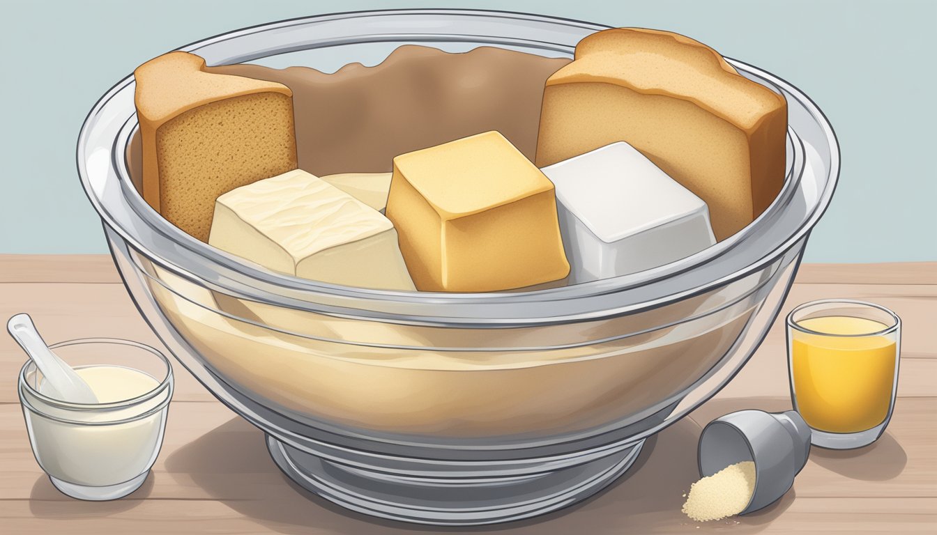 A mixing bowl filled with upgraded boxed pound cake mix ingredients