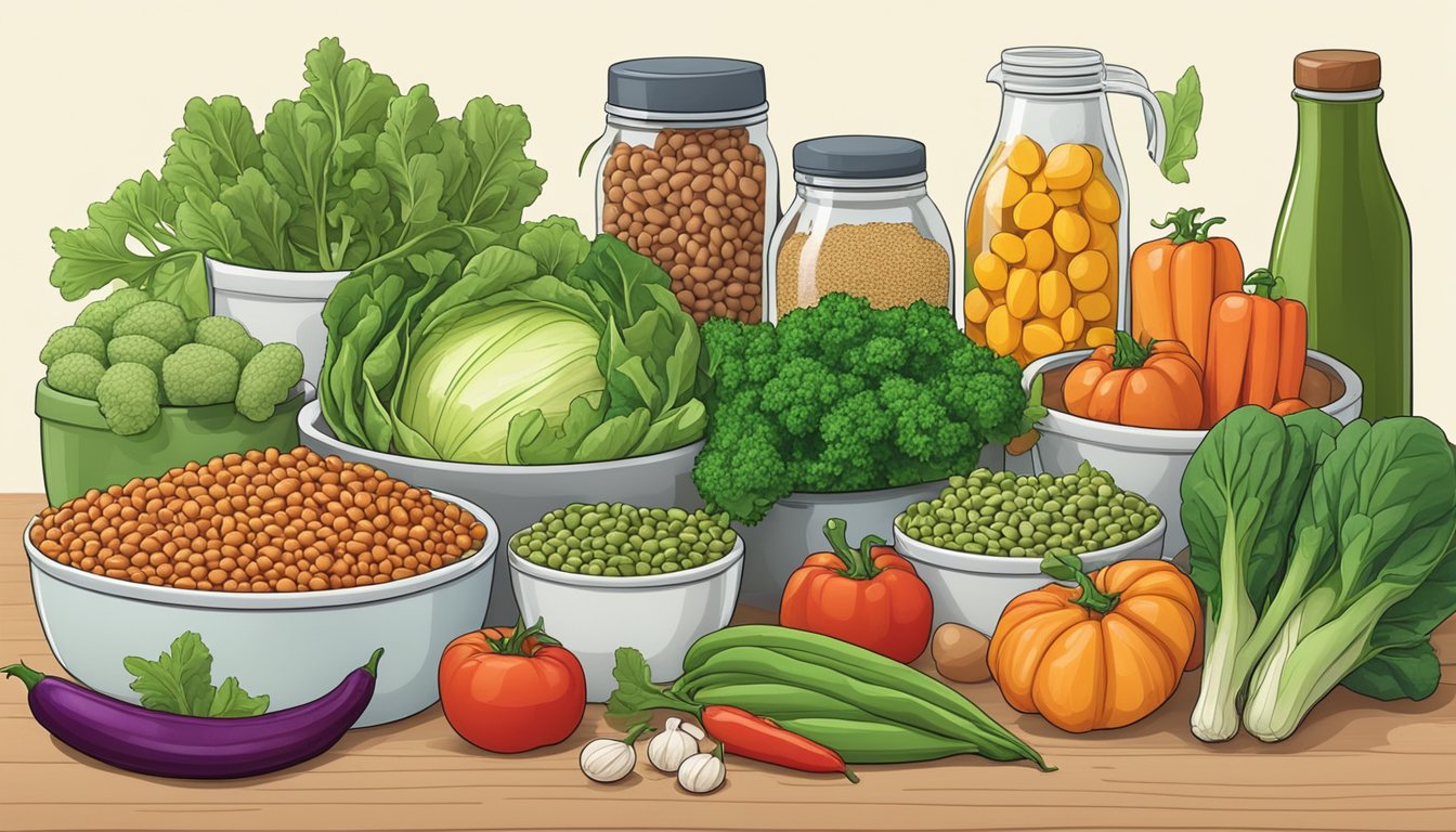 A variety of fresh vegetables and legumes arranged on a kitchen counter for making pantry-based veggie burgers