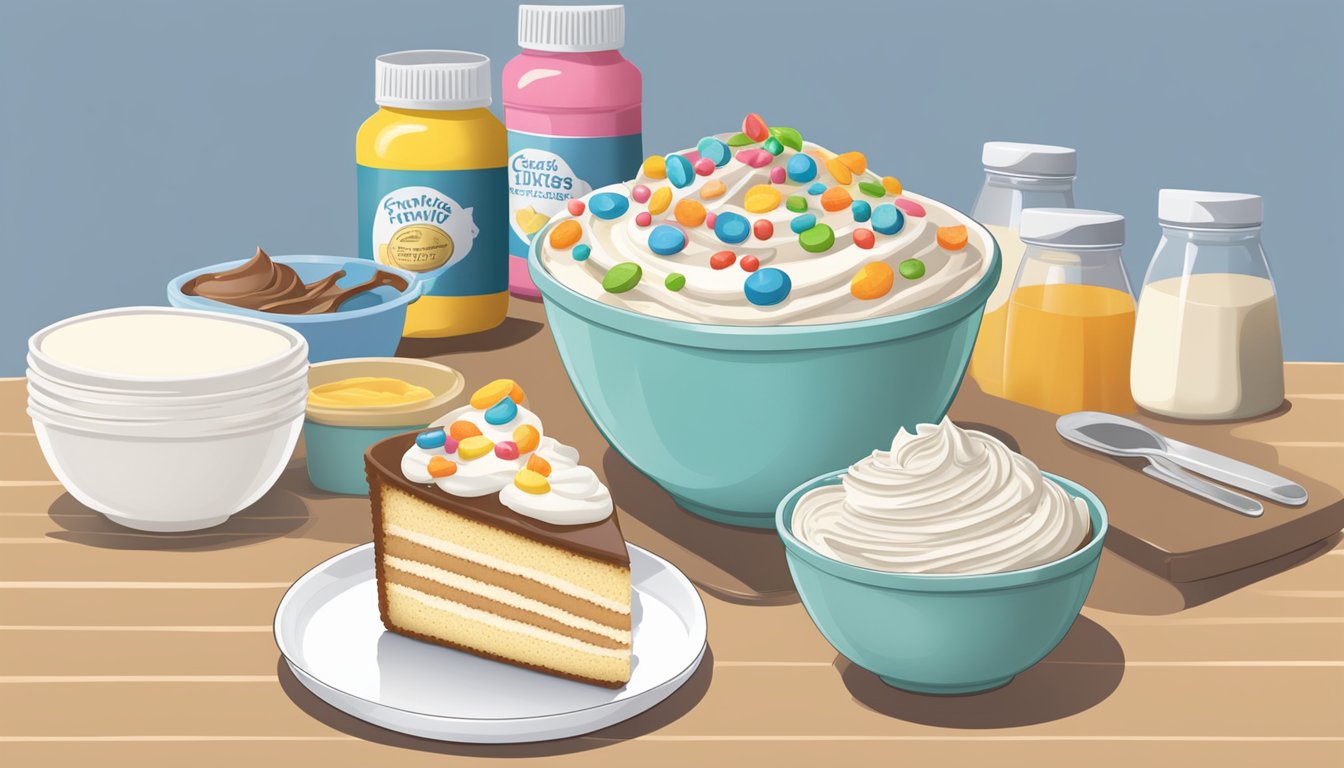 A mixing bowl filled with frosting and various toppings, next to a boxed pound cake mix, ready for upgrades