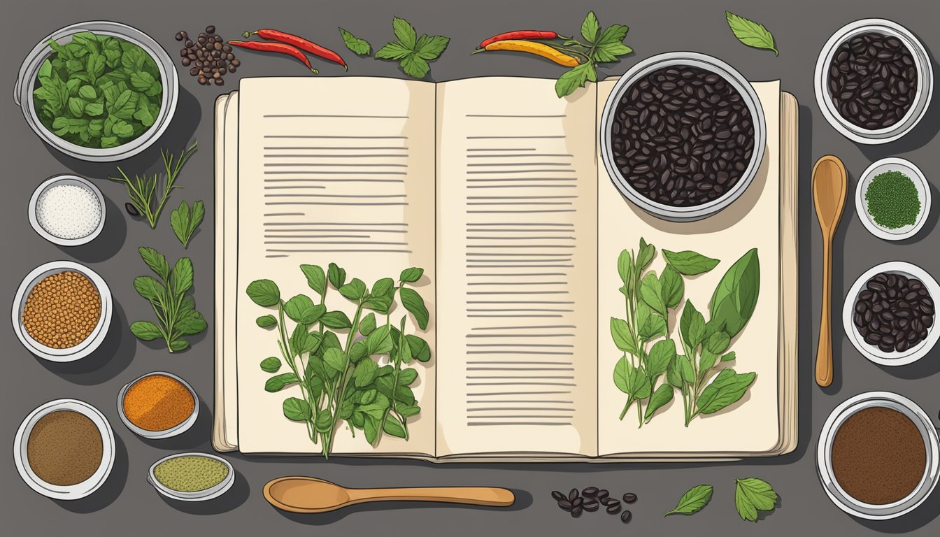 A colorful array of canned black beans, fresh herbs, and spices arranged on a kitchen counter, with a wooden spoon and a recipe book open to a "Meatless Monday" page