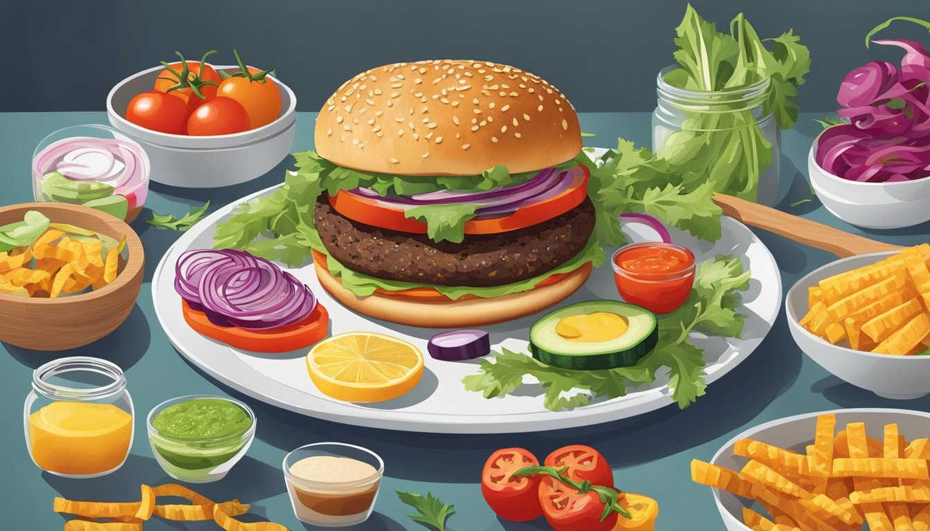 A modern kitchen counter with a variety of colorful ingredients and condiments arranged neatly around a freshly grilled veggie burger