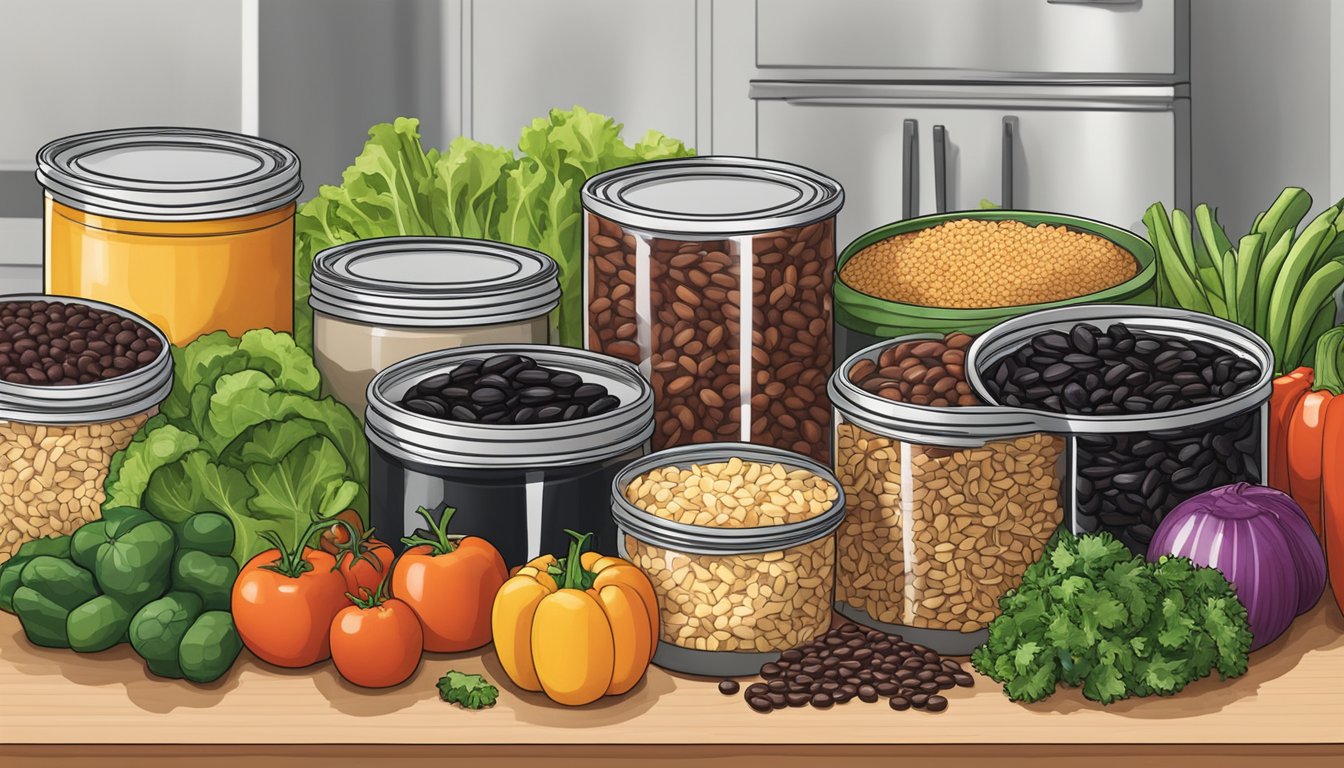 A colorful array of canned black beans, fresh vegetables, and grains arranged on a kitchen counter for a meatless meal plan