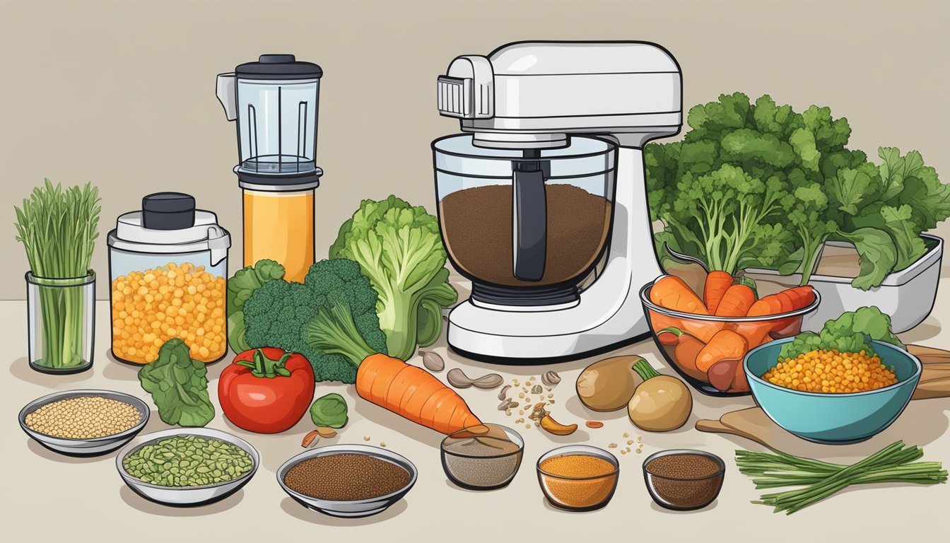 A kitchen counter with various vegetables, grains, and spices laid out, alongside a mixing bowl and a food processor to make veggie burgers